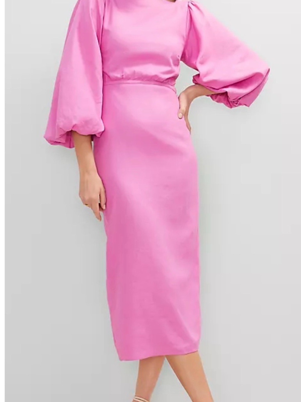 Ann Taylor Fuchsia Midi Dress with Square Neck and Balloon Sleeves